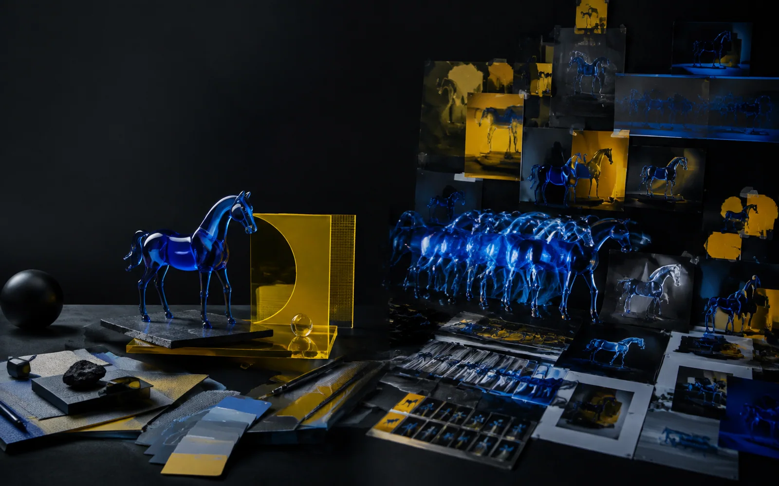 Dark creative studio comparing a precise cobalt horse composition with a rapid wall of visual iterations