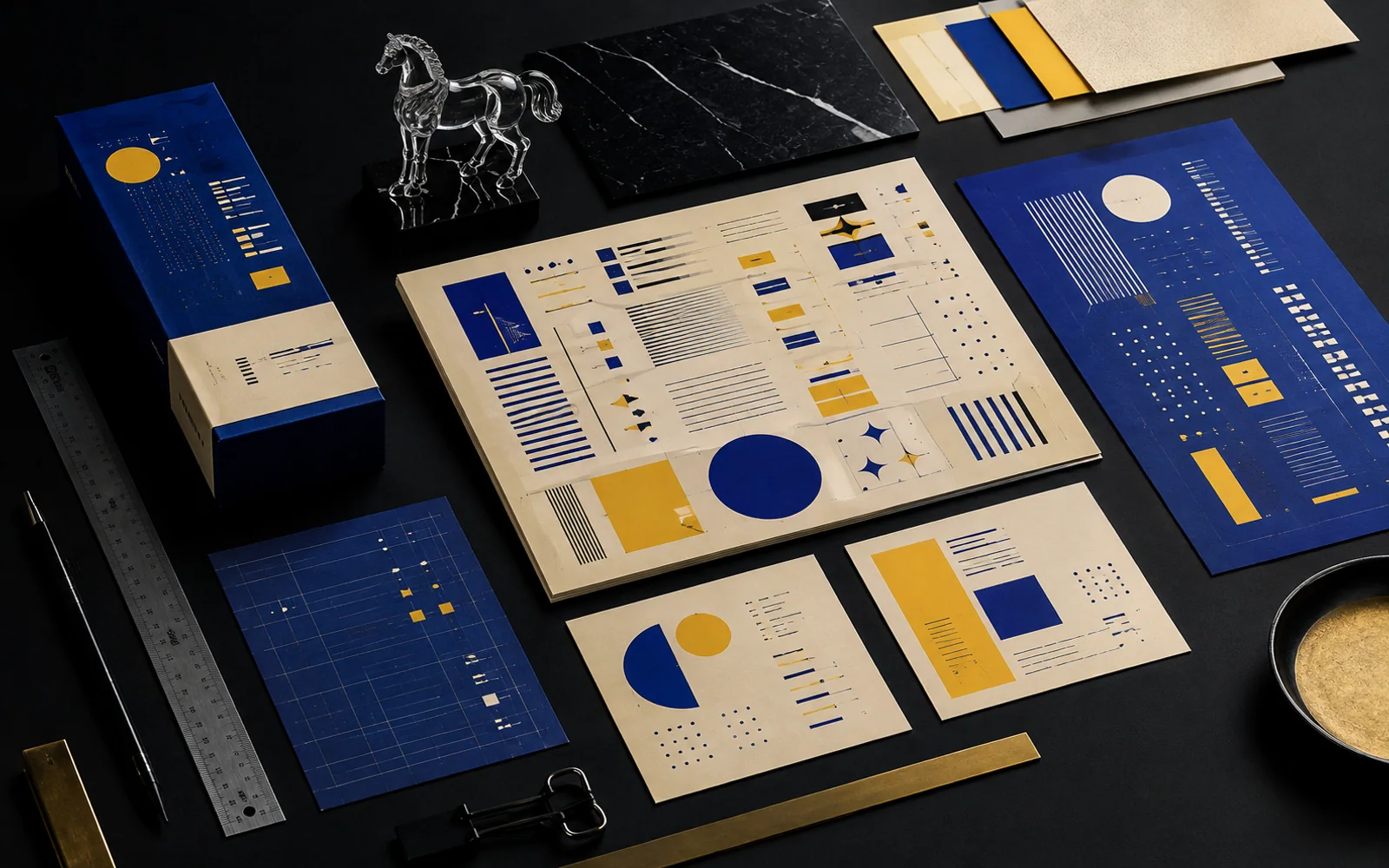 Obsidian design desk with abstract multilingual layout systems in cobalt, cream and yellow