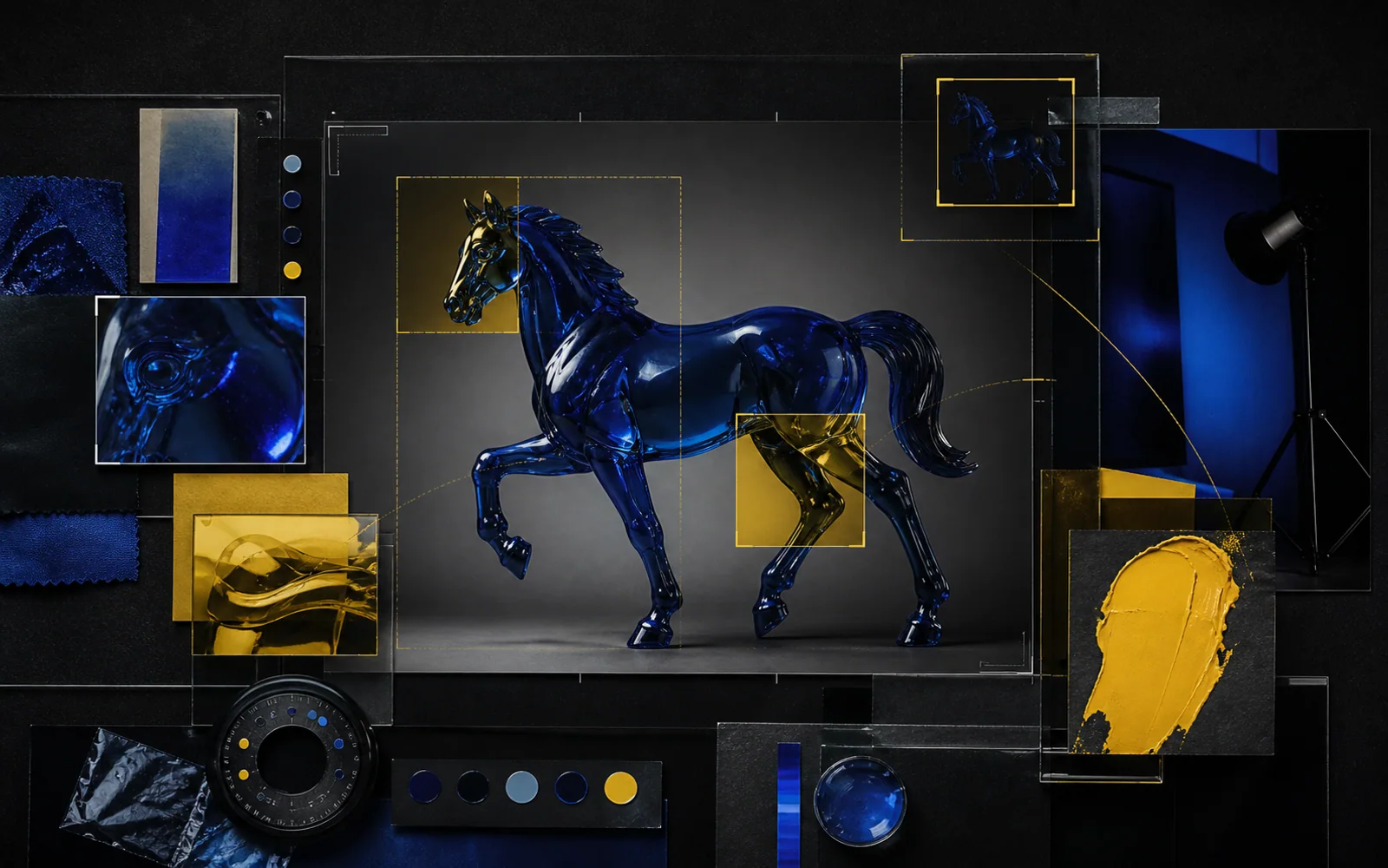 Cobalt glass horse surrounded by lighting, material and crop studies for precision image editing