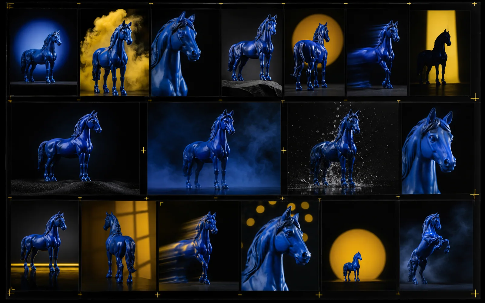 Contact sheet of a consistent cobalt horse across fast lighting and composition variations