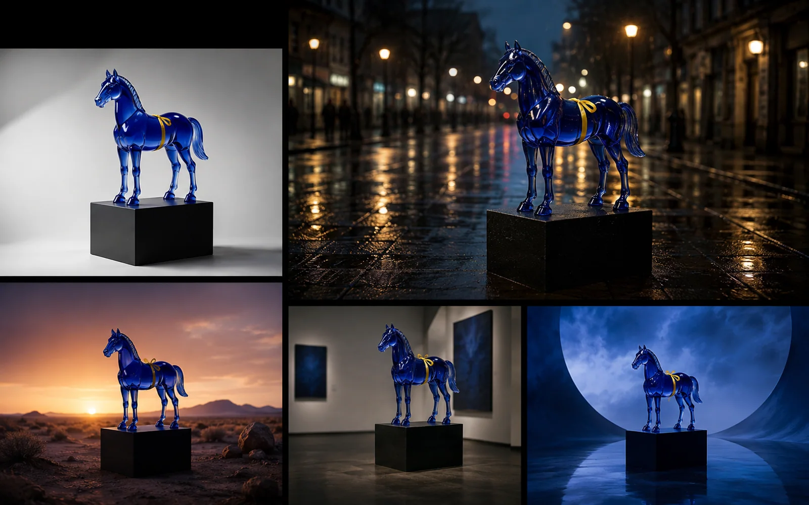 The same cobalt horse preserved across studio, street, desert, gallery and surreal scenes