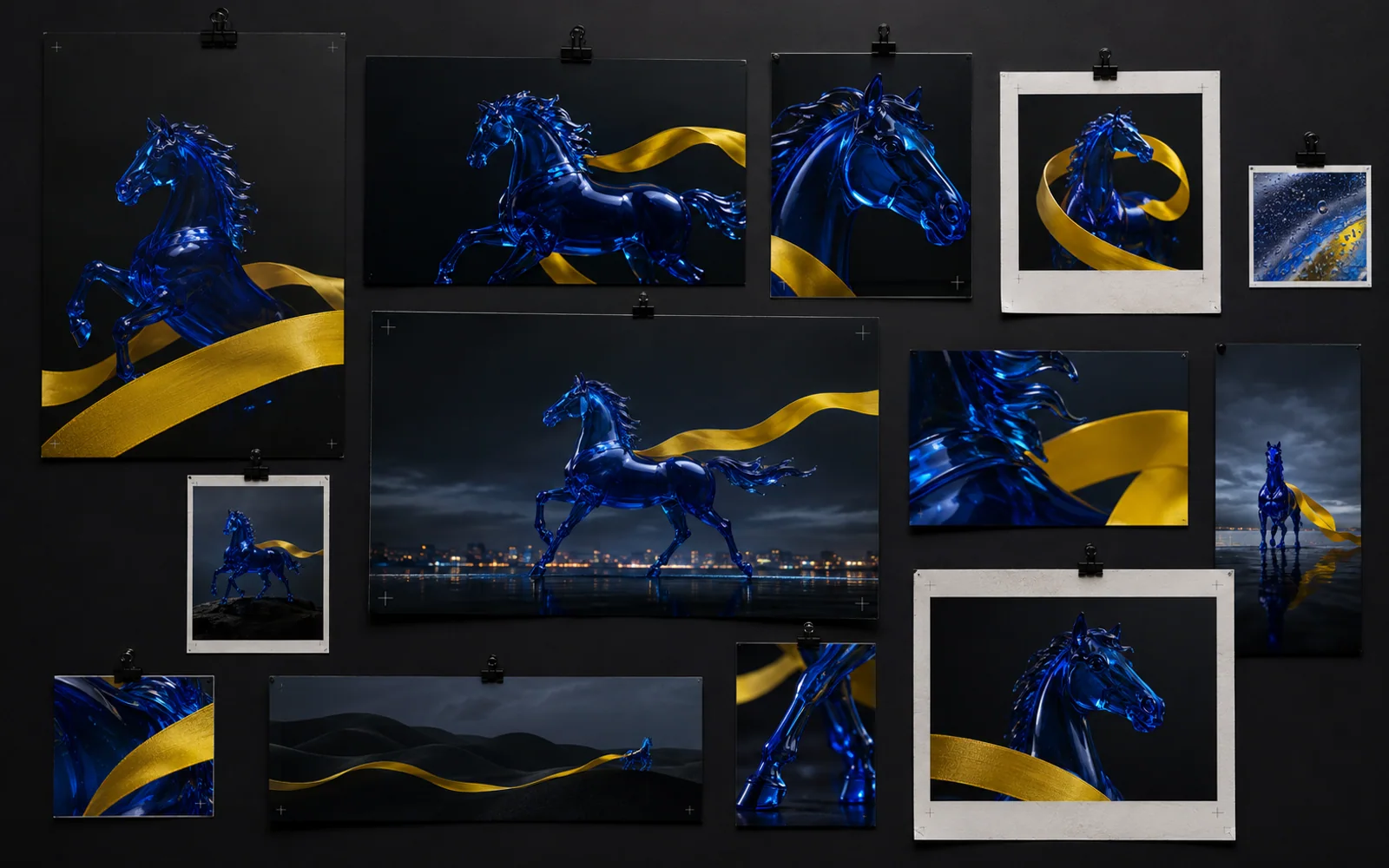 Campaign wall of portrait, square and panoramic horse visuals with a consistent yellow ribbon motif