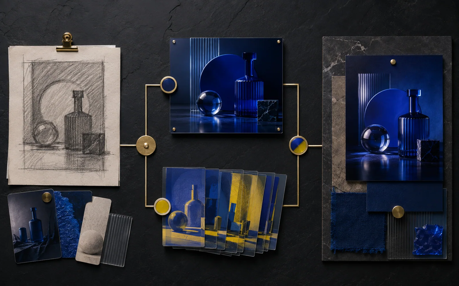 Physical creative workflow board moving from sketch and references to iterations and a refined final image